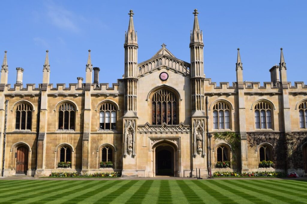 Gothic architecture of a historic University of Cambridge college on a sunny day