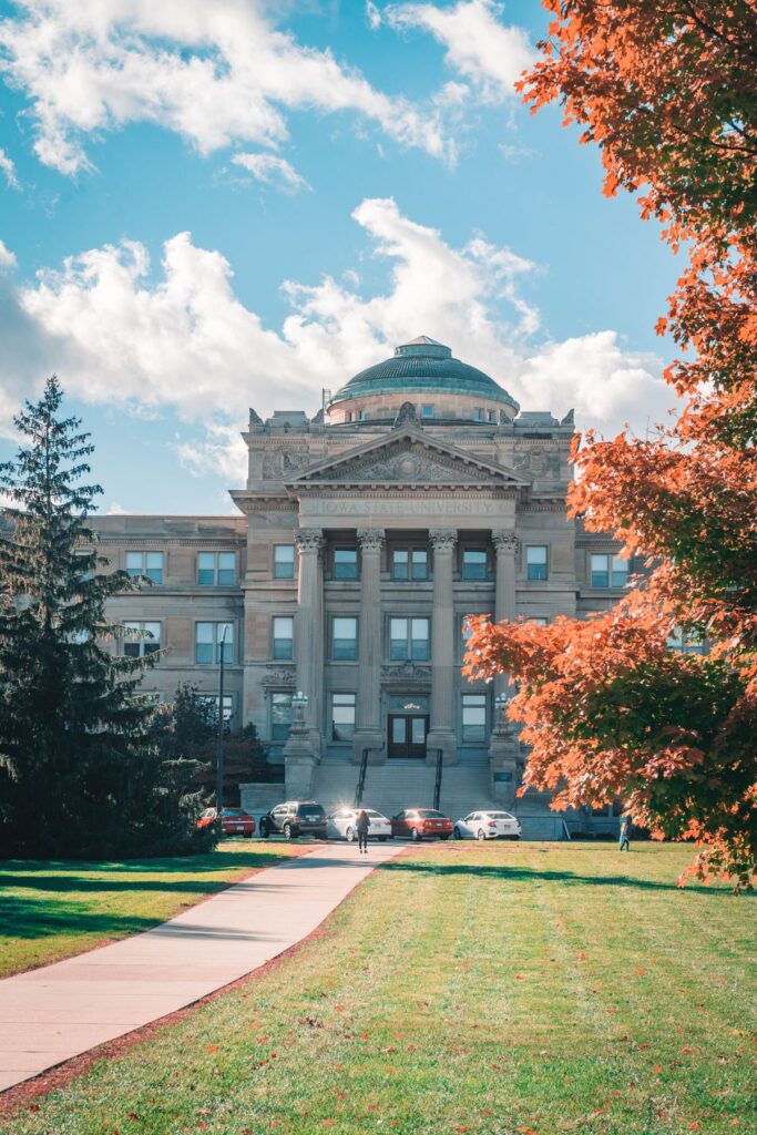 Historic university campus building in the United States on an autumn day
